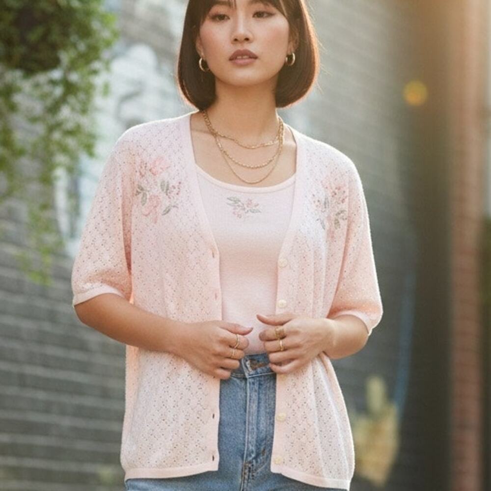 Vintage 90's Koret Pink Pointelle Woven Sweater Blouse with Floral Applique